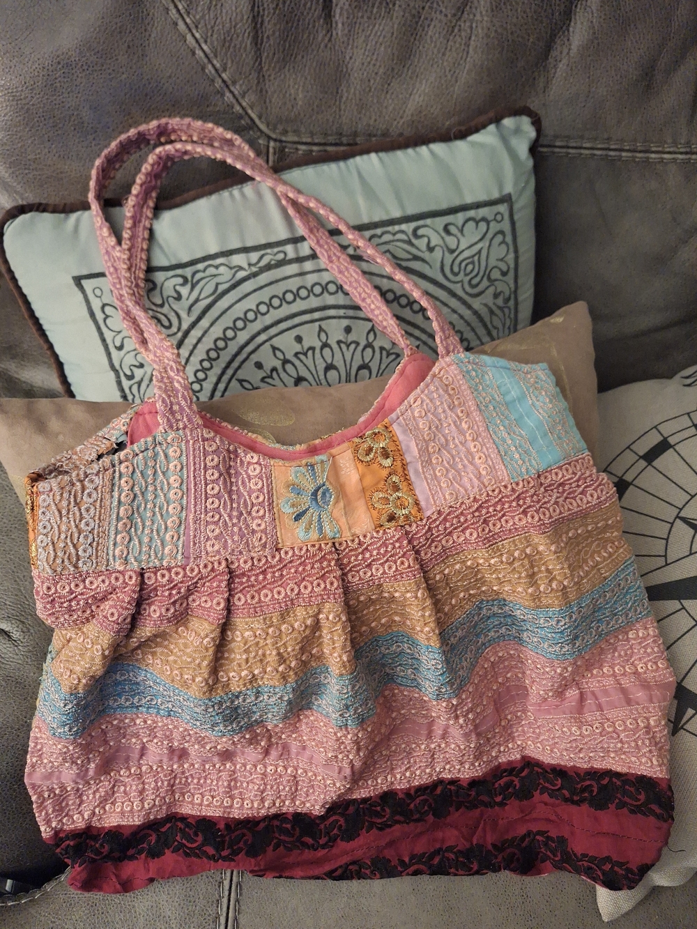 Boho Patchwork Tote Bag in Pink, Blue & Tan